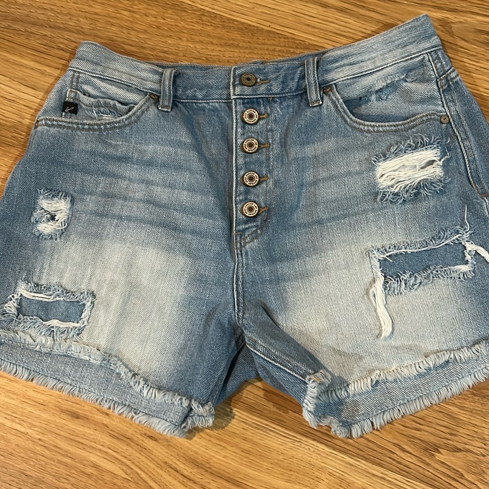 KANCAN High Rise Shorts Distressed Faded Blue Cutoff Denim Size 11 29 Button Fly